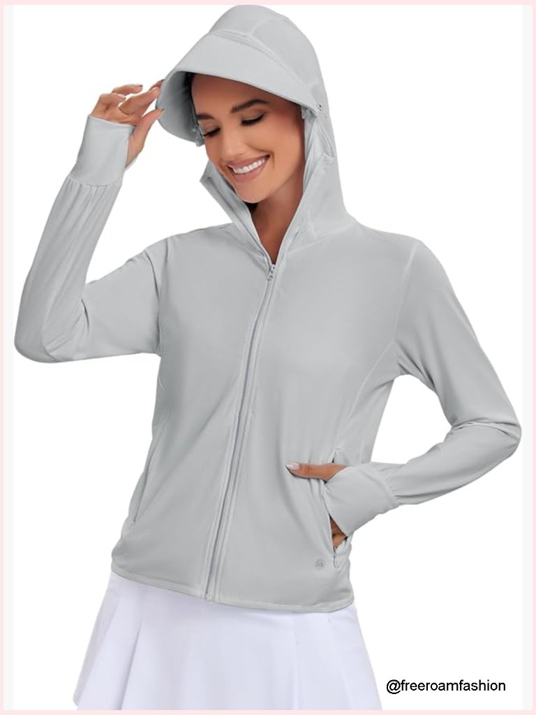 Upf 50+ Sun Protection Hoodie Jacket Lightweight Long Sleeve Zip Up With Pocket